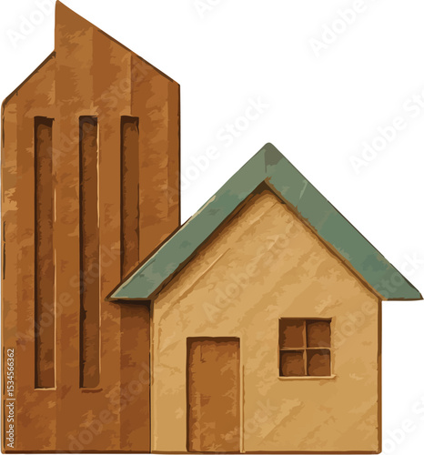 Watercolor illustration of a house and a skyscraper representing housing development