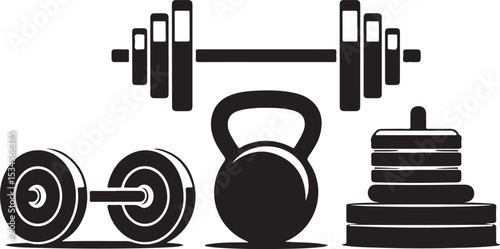Gym Equipment Silhouettes Set – Dumbbells, Barbells & Kettlebell Vector Icons