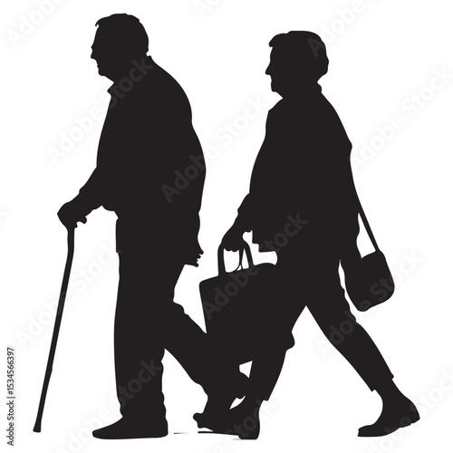 Elderly Couple Walking Together with Cane and Bag Depicted in a Black Silhouette