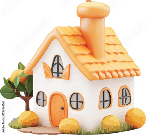 Whimsical cartoon illustration of a charming cottage with lemon tree and cute design elements