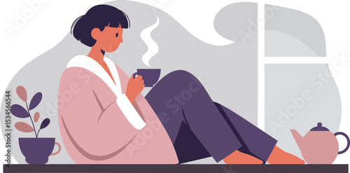 Woman Relaxing Drinking Hot Tea Sitting by Window in Cozy Home Environment in Minimalist Vector Illustration 
