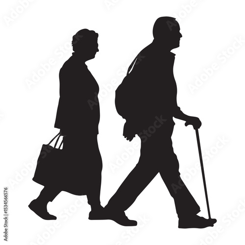 Elderly Couple Walking Together with Cane and Bag Depicted in a Black Silhouette