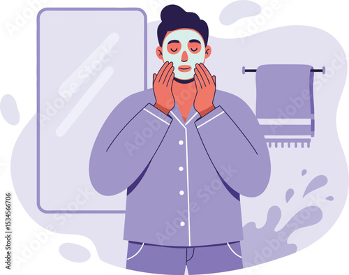 Man applying face mask skincare routine in bathroom mirror with towel vector illustration 