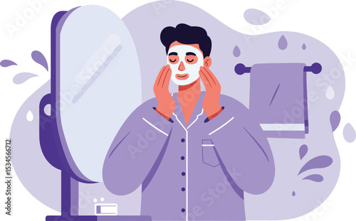 Man applying facial mask in bathroom mirror relaxing skincare routine vector illustration purple tones 