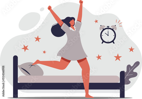 Woman stretching happily after waking up in the morning in bedroom with alarm clock and stars vector illustration 
