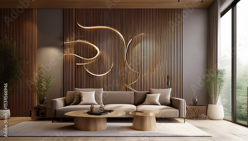 modern interior design with beautiful wooden wall decoration contemporary home design 3d rendering 3d illustration