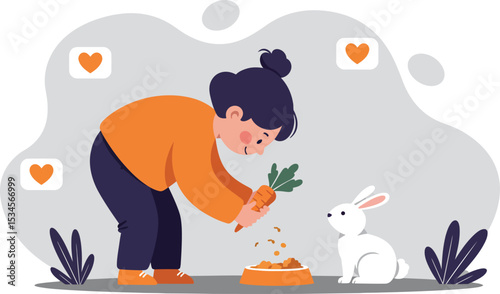 Child feeding white rabbit with carrot in orange sweater caring animal vector illustration 