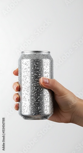 Beverage can mockup in hand with aluminum can with visible condensation on white background for beverage branding