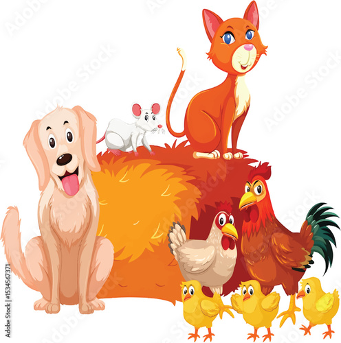 Charming flat design featuring farm animals, chickens, and pets in a colorful countryside scene.