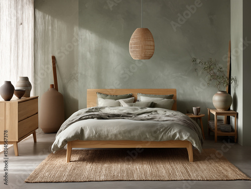 Japandi bedroom in sage green tones, washed oak furniture, hemp rug, handmade pottery, diffused natural light