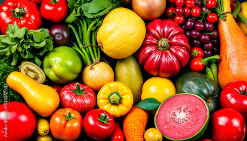 Fototapeta Naklejka Na Ścianę i Meble -  Assortment of fresh, colorful fruits and vibrant vegetables, pop-art. isolated with white highlights