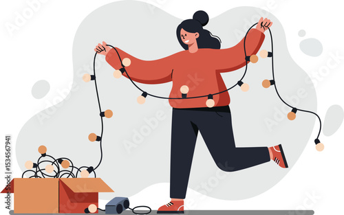 Woman decorating with string lights for festive celebration in cozy red sweater and dark pants 