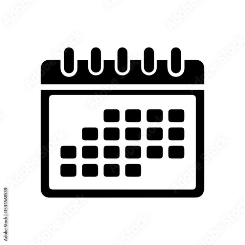 A stark black and white calendar icon displays a schedule with block dates
