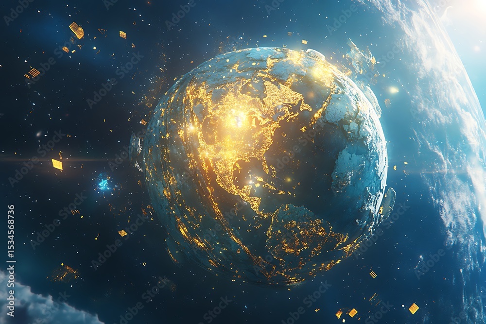 Obraz premium A glowing earth with city lights and debris in space viewed from a cloud covered planet surface