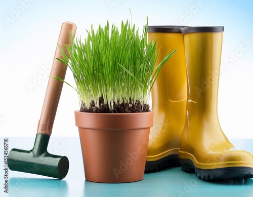 rubber boots with grass in pot and tool photo