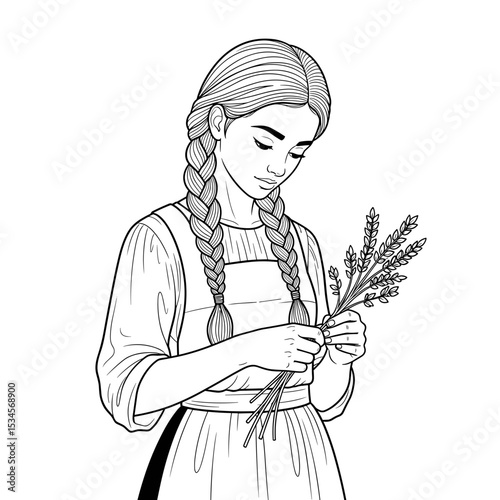 Young woman braiding lavender stems with a thoughtful expression