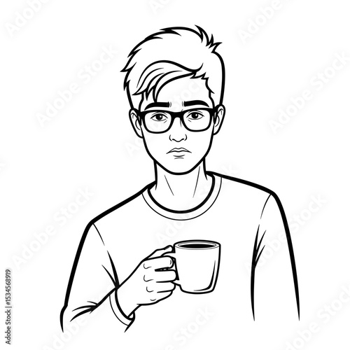 Young man sipping a drink from a mug with a contemplative expression