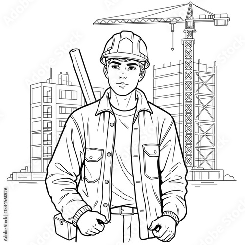 Young construction worker in a hard hat, standing confidently at a construction site