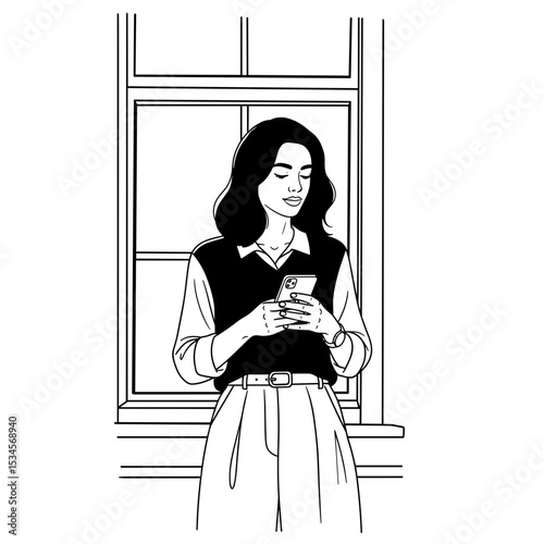 Fashion blogger checking her smartphone while standing by the window