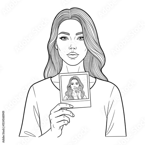 Woman holding a Polaroid photo, looking thoughtfully at the camera