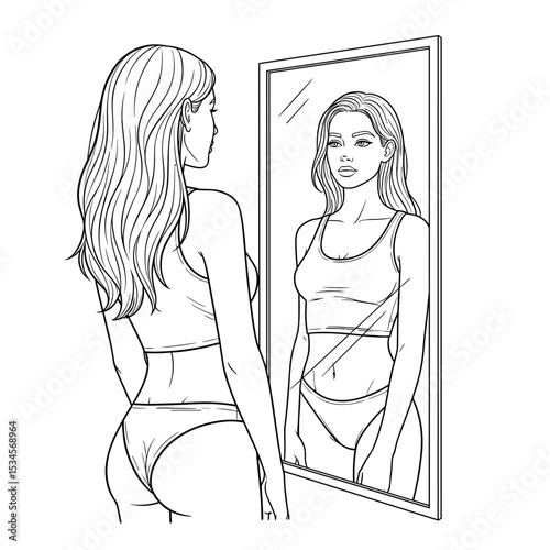 Woman examining her reflection in the mirror, contemplating her image
