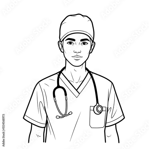 Young male healthcare professional wearing scrubs and a stethoscope