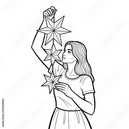 Young woman hanging decorative stars, showcasing her creative flair