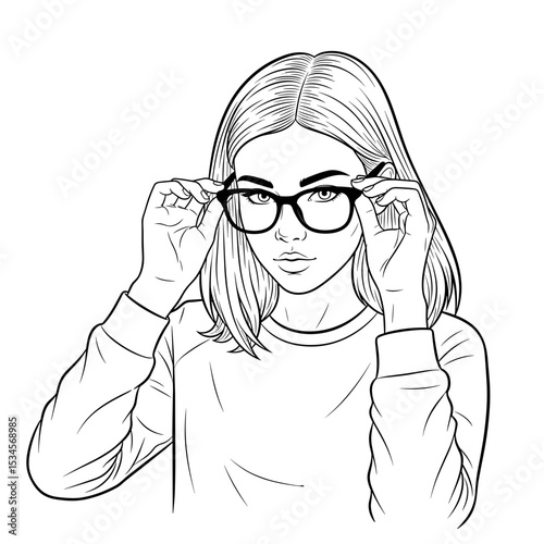 Young woman adjusting her glasses with a confident expression