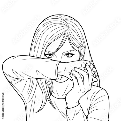 Young woman covering her face with her arm, showing a defiant expression