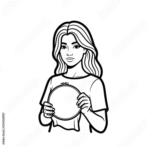 Young woman holding an embroidery hoop with a focused expression