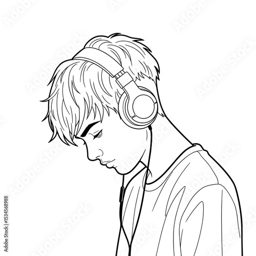 Young man listening to music with headphones, appearing relaxed and lost in thought