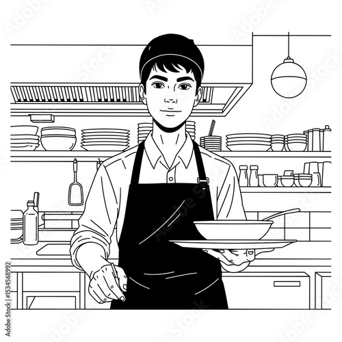 Young man in an apron serving food in a cafe setting