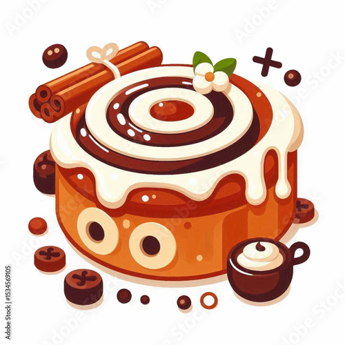 A stylized cinnamon roll with icing cinnamon sticks a flower and a coffee cup