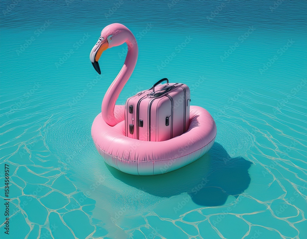 pink flamingo inflatable belt with travel suitcase in turquoise blue water 3d rendering 3d illustration pink flamingo inflatable belt with travel suitcase in turquoise blue water 3d rendering 3d illustration