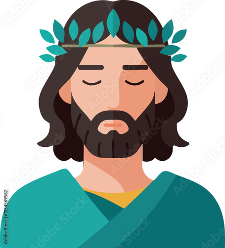 Jesus Christ vector illustration with closed eyes and green wreath on head in flat style 