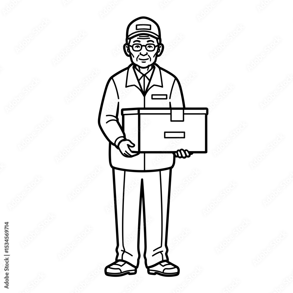 Elderly delivery man wearing a cap holding a box with a serious expression Elderly delivery man wearing a cap holding a box with a serious expression