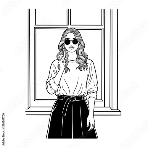 Fashion blogger standing confidently by a window wearing sunglasses and stylish outfit