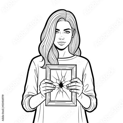 Young woman holding a broken photo frame with a concerned expression