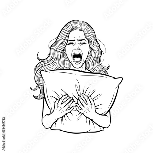 Woman with frustrated expression screaming into a pillow