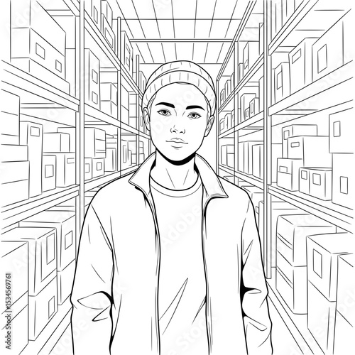 Young adult with confident expression standing in a warehouse with shelves of boxes