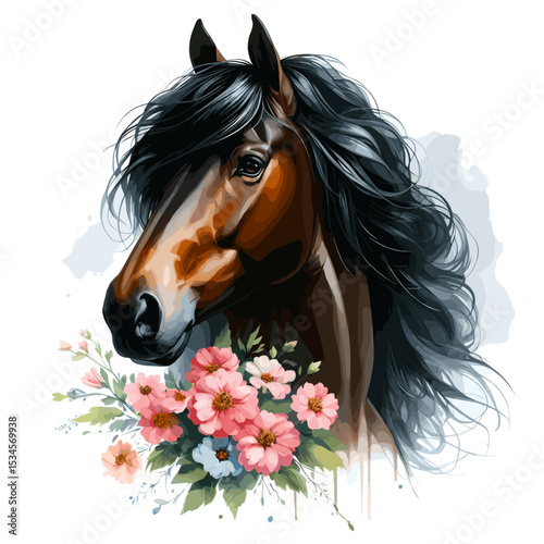 Black Horse. Flowers. Horse head.  Portrait. Watercolor style. Isolated on a white background. Banner. Vector illustration