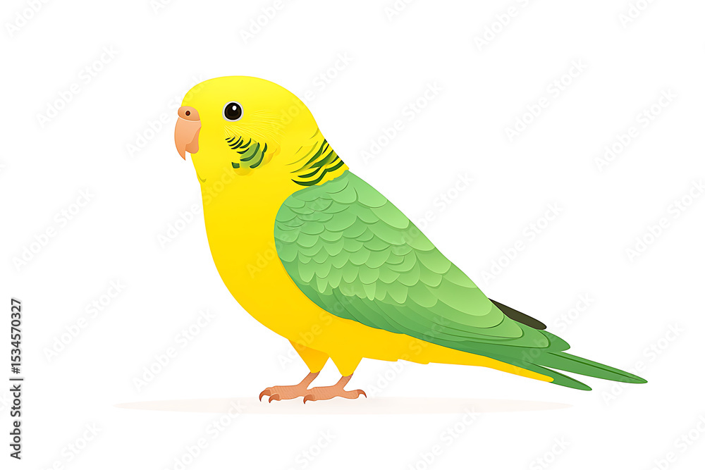 Fototapeta premium Yellow and green parakeet standing. Cute bird with bright colors. Vector illustration of tropical bird. Pet.