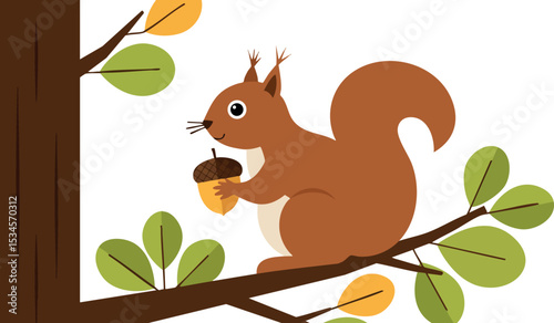 Red squirrel holding acorn on tree branch with green and yellow leaves vector illustration 