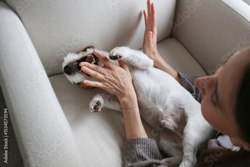Young woman playing with her dog at home. Copy space, background.