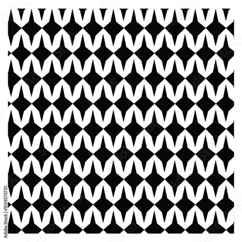 abstract geometric seamless pattern, black and white geometric pattern, pointed diamonds or stars with four points, horizontally and vertically, interlocked, overall effect is a dense, rhythmic patter