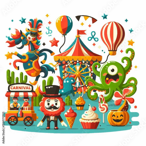 Carnival scene colorful tent horse octopus desserts and a cheerful ringmaster