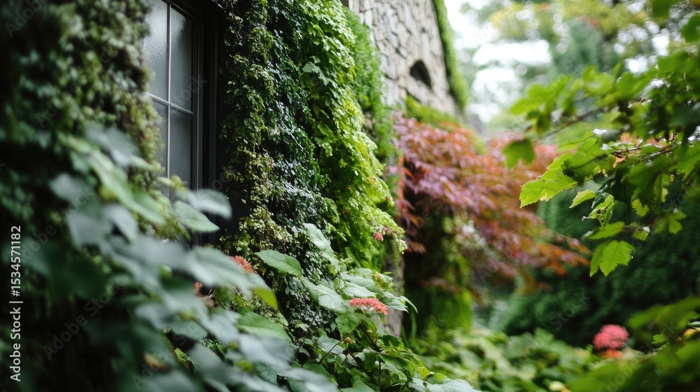 Fototapeta premium Lush Green Ivy Climbing Over Stone Wall with Colorful Foliage in Tranquil Garden Setting