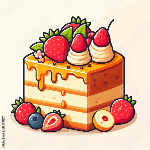 Cartoon cake slice topped with berries cream and dripping glaze