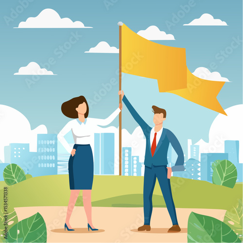 Leader determination to lead team to success, motivation to win together, direction forward for future success, victory or triumph concept, businessman leader holding winner flag leading to succes