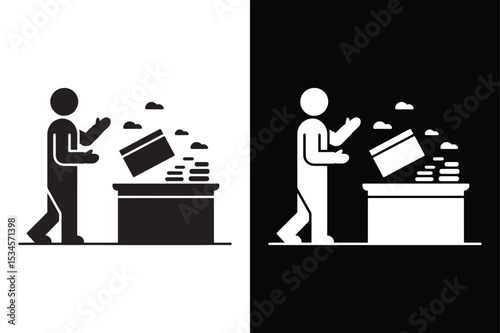 Person overflowing coins from a box icon silhouette vector on White Background ,Vector Art Illustration on white background.
